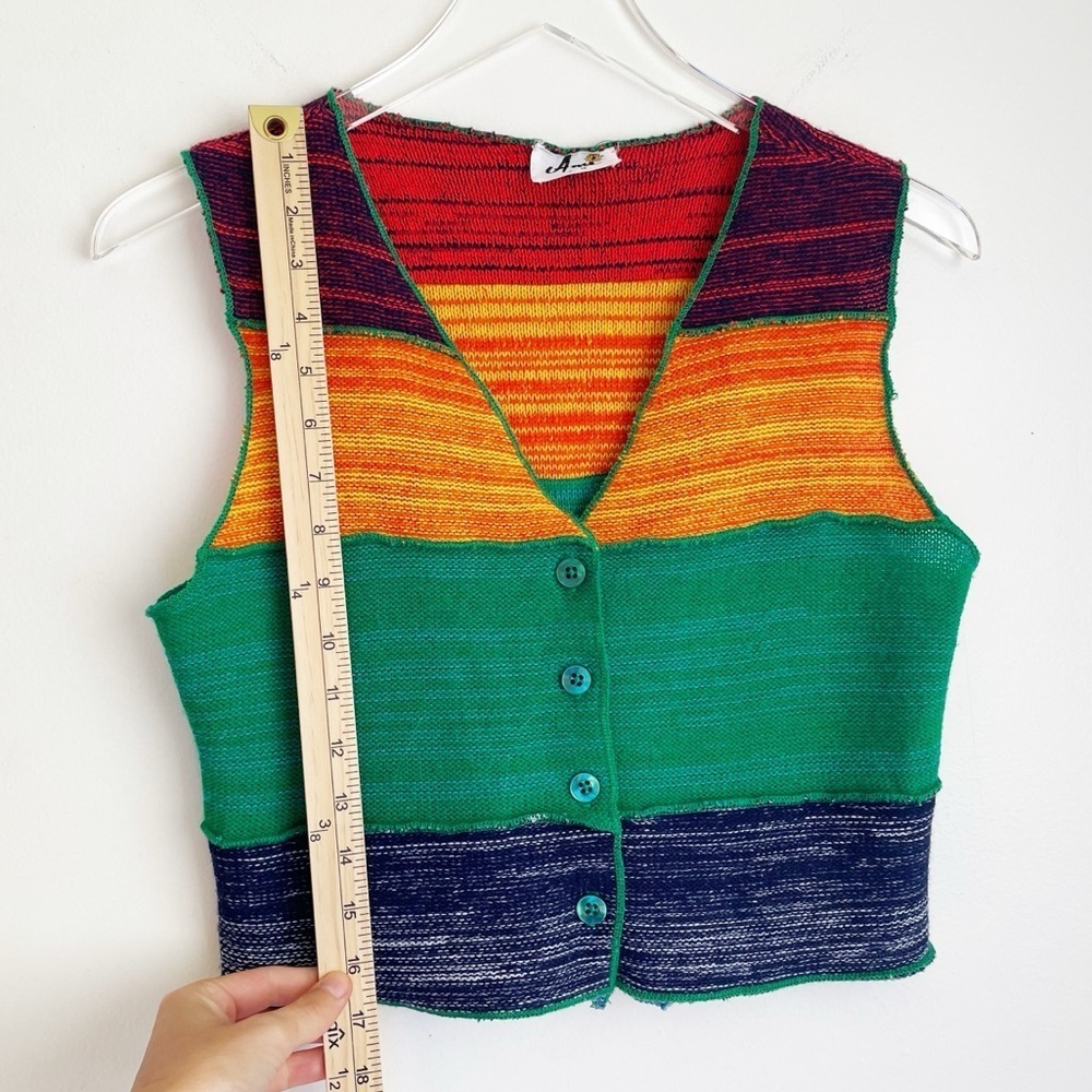 Vintage rainbow colorful knit sweater vest button up cropped v neck small stripe - Picture 4 of 7